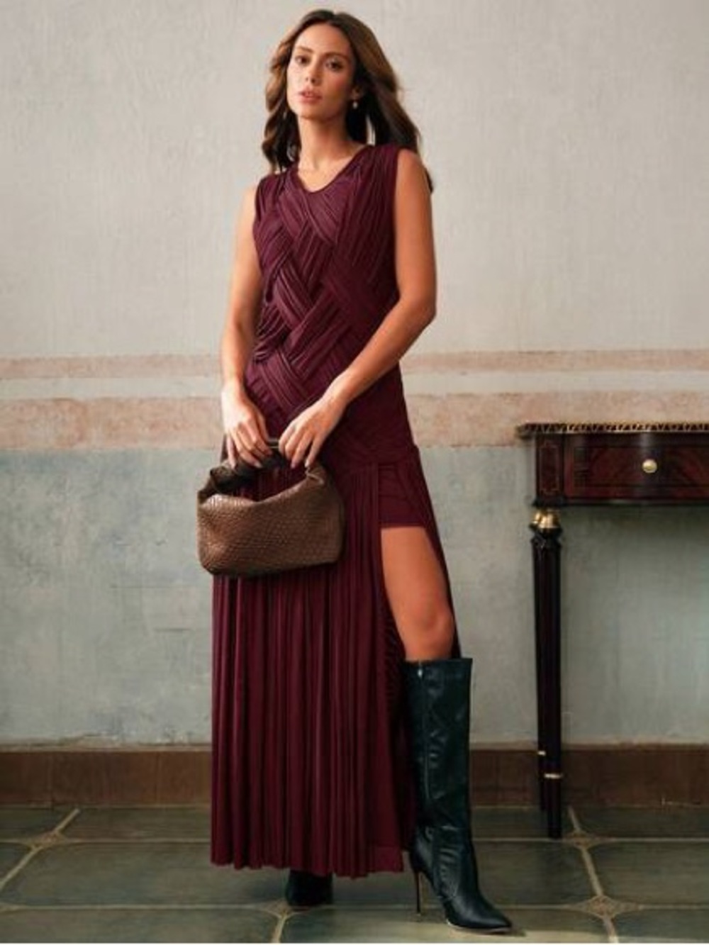 SHEIN Wine Sleeveless High-Low Maxi Dress with Side Slit